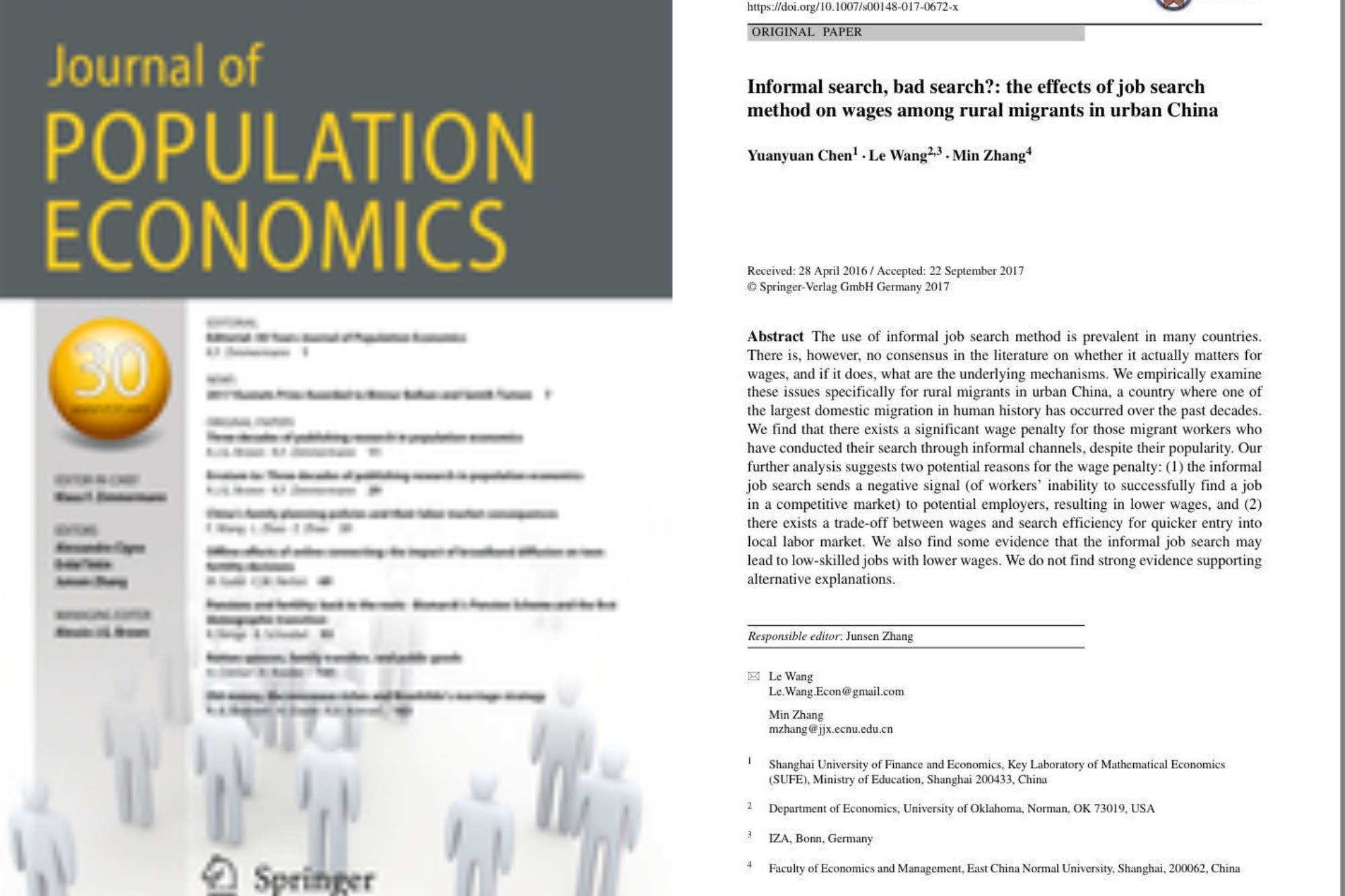 经管学部教师张敏的合作论文被人口经济学领域国际顶级期刊 Journal Of Population Economics 接受发表